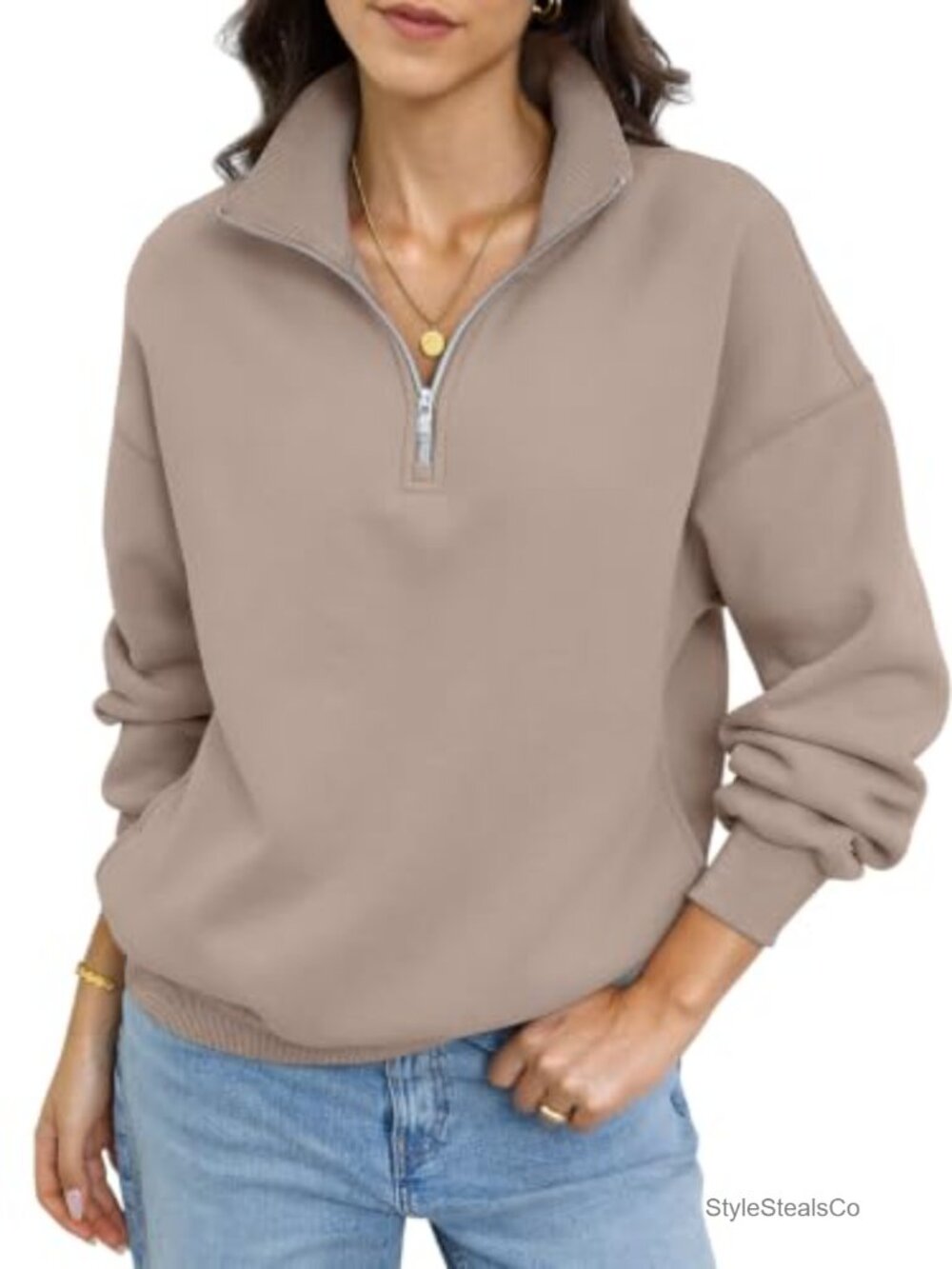 Women's Oversized Fleece Quarter Zip Pullover Sweatshirt with Pockets